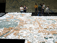 View from the exhibition entrance to the city model in 1:500 scale