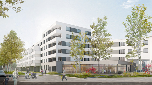 Visualization of a HOWOGE-project with around 400 flats located at Treskowallee in the city district Lichtenberg (Ligne architects / CN architects); Visualization: Architects Ligne/Neumann/Abbonacci