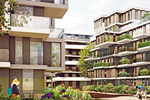 Conceptualisation of housing construction project, The Garden on Chausseestrasse, district centre; visualization: Eike Becker_Architekten